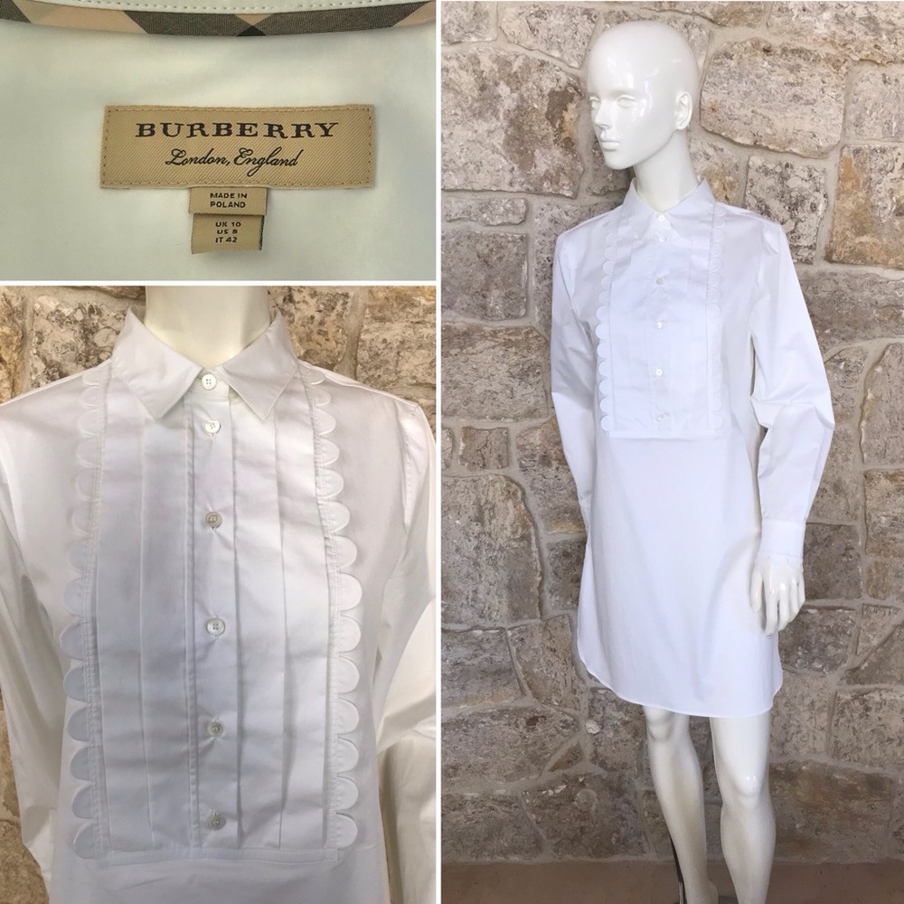 Burberry White Cotton Dress with Pleats and Scalloped Detailing Size 8